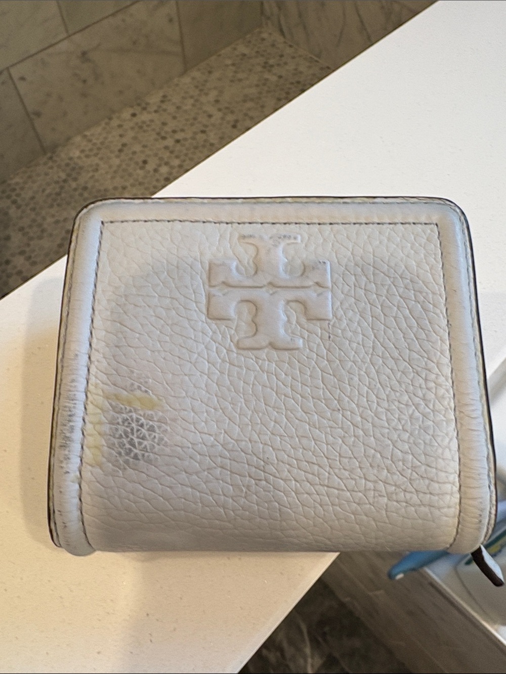 Tory Burch light  blue Pebbled Leather Zip Wallet